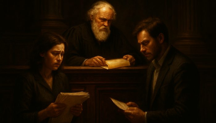 What Happens if One Partner Stops Paying: Mortgage Advice | DCL Judge examines glowing scrolls as couple clutches mortgage documents in ornate courtroom.