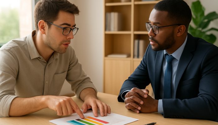 Engaging with Credit Unions Regarding Your Financial Situation | DCL Borrower indicating a colourful debt interest rate chart while negotiating repayment with an advisor in a sunlit office.