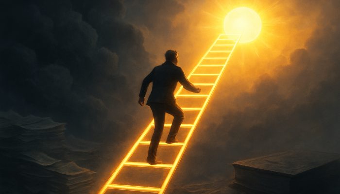 Individual climbing a glowing ladder of paid bills towards a radiant credit score, leaving behind clouds of debt.