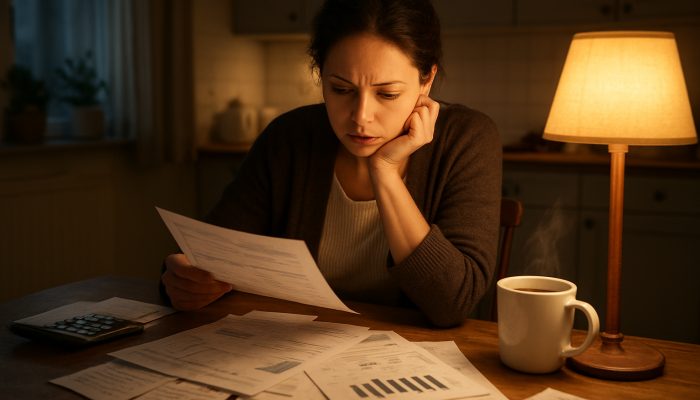Resetting After a Heavy Spending Period: Smart Recovery Tips | DCL British woman reviewing bank statements and expense charts at kitchen table with tea mug
